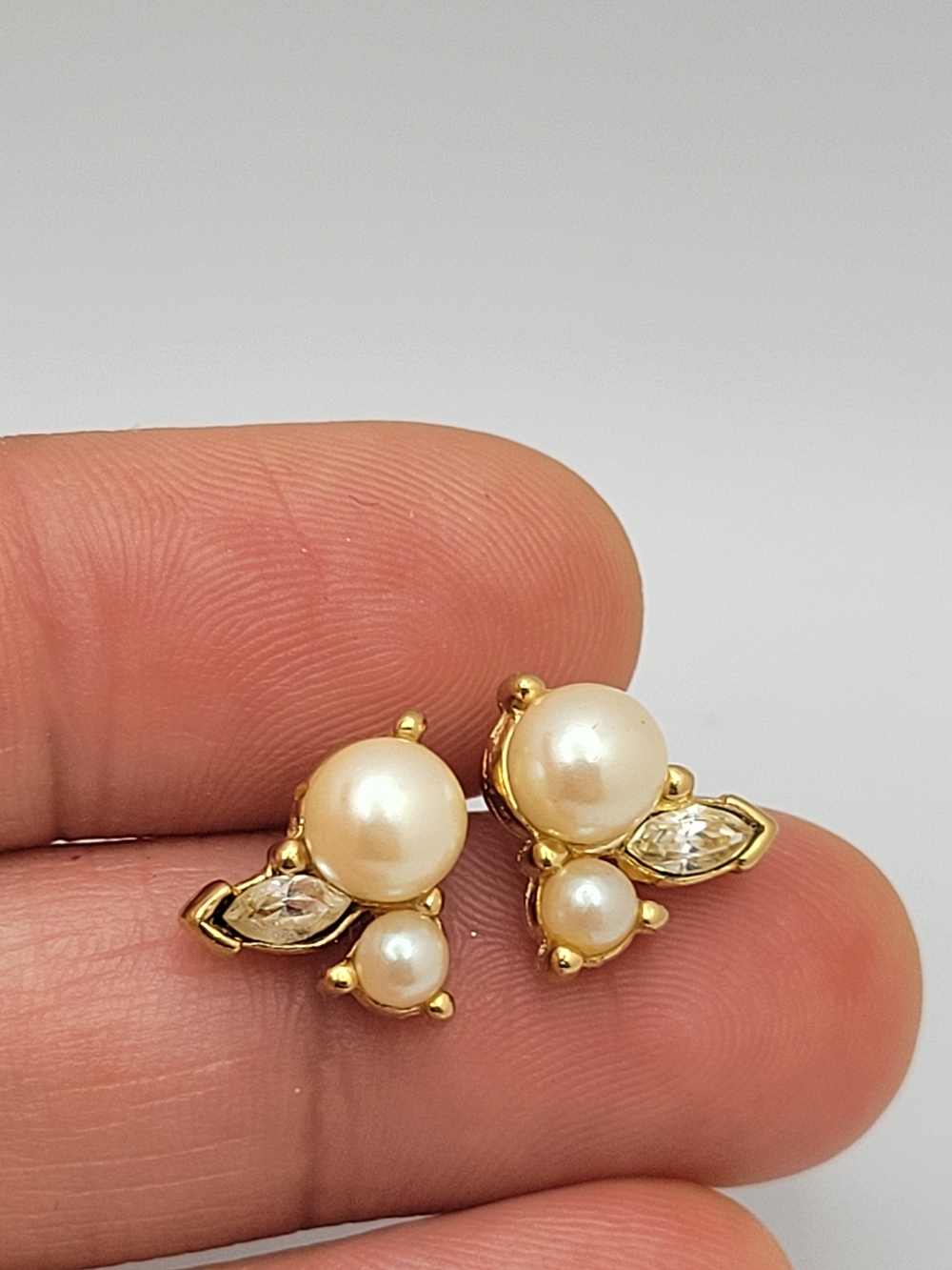 Richelieu Signed Vintage Faux Pearl Crystal Marquise Cluster Stud Earrings